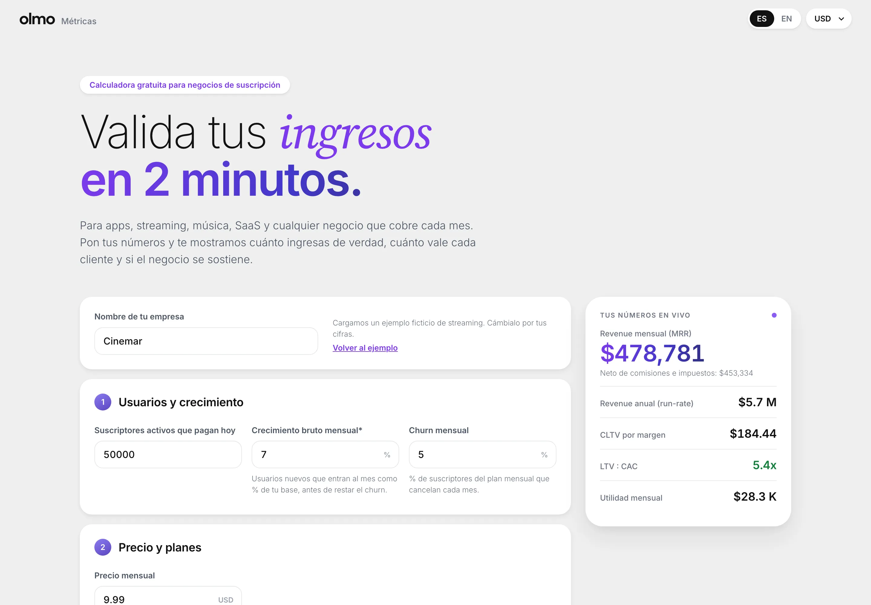 Olmo Métricas calculator showing a monthly revenue calculation